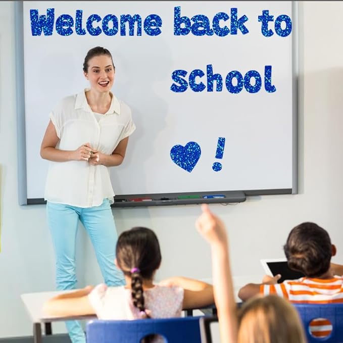 225Pcs Glitter Bulletin Board 4inch Letters with Adhesive Dots Punctuation Symbols Cutout for Classroom Numbers Alphabet School Display Decorating Supplies (Blue)