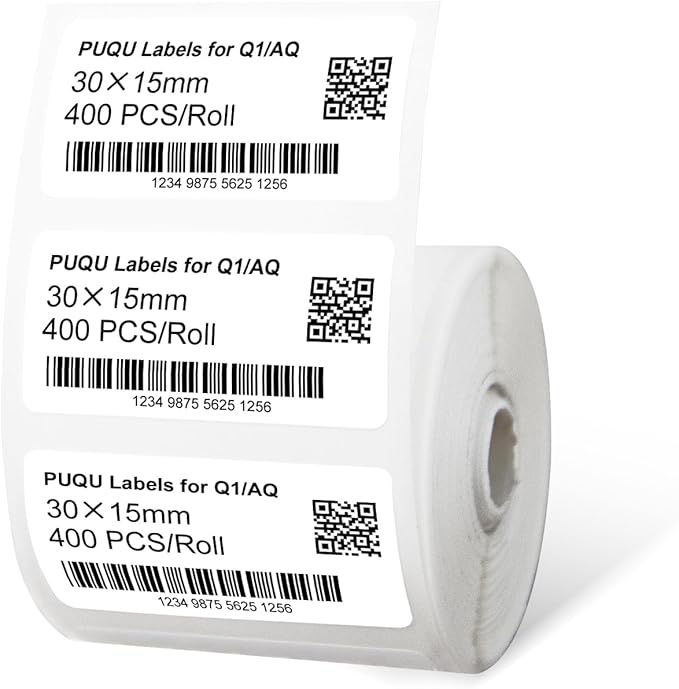PUQU 30x15mm Direct Thermal Sticker Labels, Self-Adhesive All-Purpose Label Maker Tape, Compatible with AQ/Q1 Series Label Printer, Refills Standard Laminated Office Labeling, 1 Rolls of 400 Labels