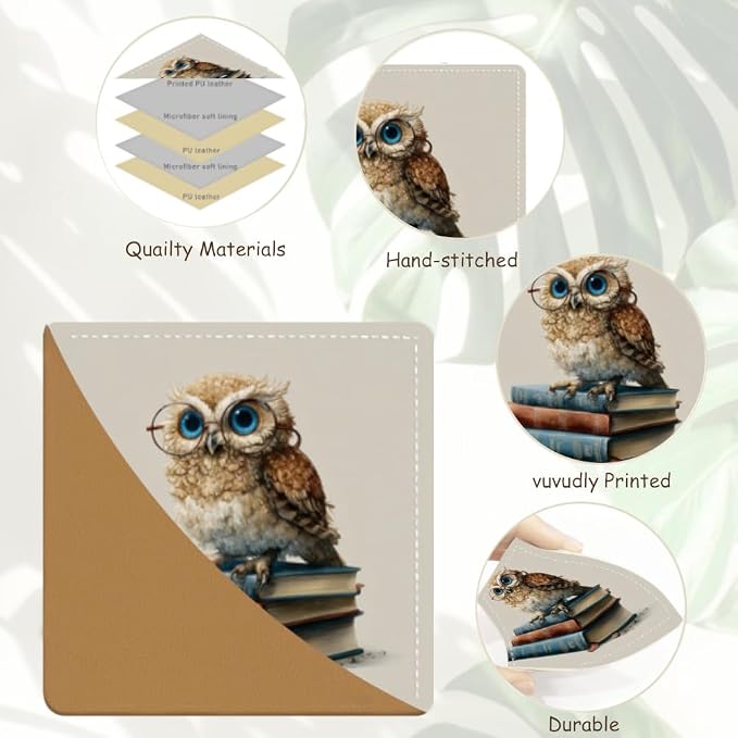 2PCS PU Leather Bookmarks 3.5x3.5 Inch Owl Glasses Book Design | PU leather bookmarks with owl glasses book design for novels, notebooks, class notes, students, teachers and book lovers