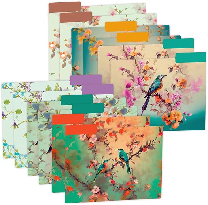 12pcs Decorative File Folders Letter Size, Bird Design Folders, Cute Office Folders with Floral Branches, 1/3 Cut Tab, Waterproof Archival File Folders Colored Decorative File folders