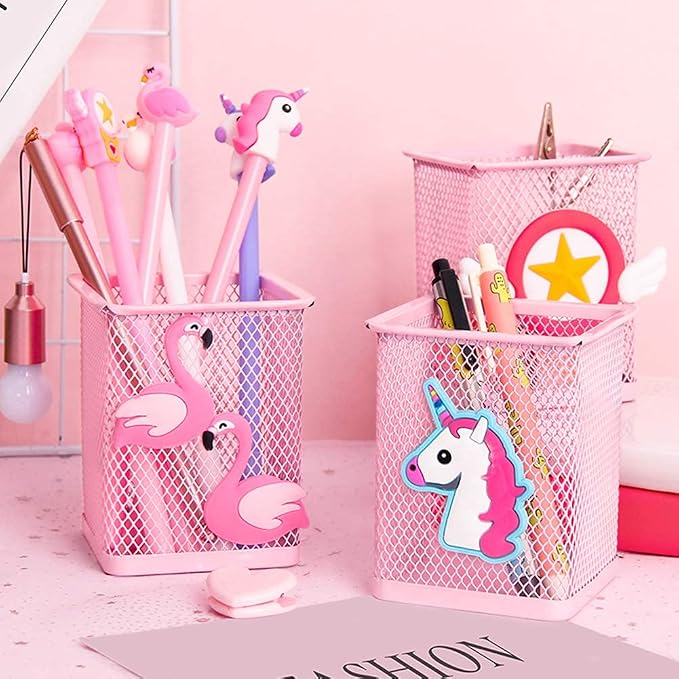 Trycooling 2 Pack Metal Cute Pen Pencil Holder Office Home Desk Square Pencil Cup Caddy Box Makeup Brush Holders for Girls (Square)