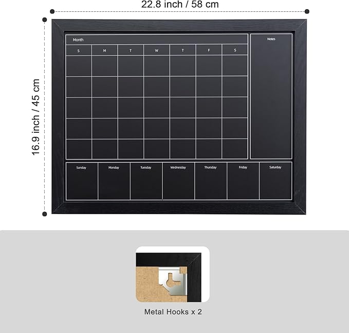 3-in-1 Chalkboard Calendar for Wall, Magnetic Monthly & Weekly Calendar, 22.8x16.9 inches Blackboard for Wall with Black Wood Frame, Hanging Chalkboard for Decor/Memo(YL+ZL-HB-BK,4358)
