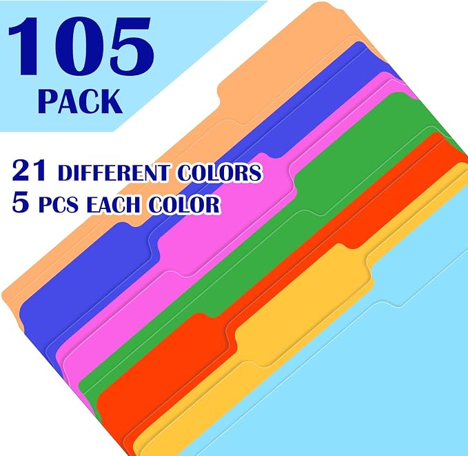 TUXIYA 105 Pack Colored File Folders,21 Colors File Folders Letter Size Manilla Folders 8.5 x 11,1/3 Cut Tab Filing Folders for Office School Business Documents Files Paper