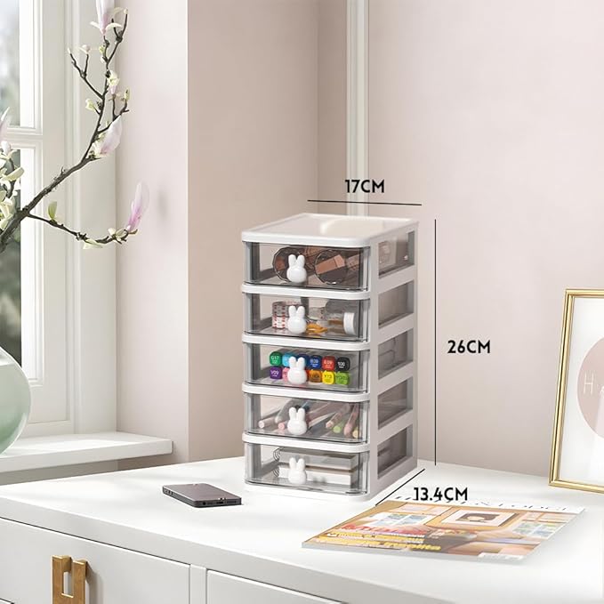 5-Tier Desk Storage Box, Transparent Plastic Organizer with Bunny Handles, Large Capacity Multi-Level Drawer for Books, Pens, Office Supplies, Perfect for Home, Office, or Study