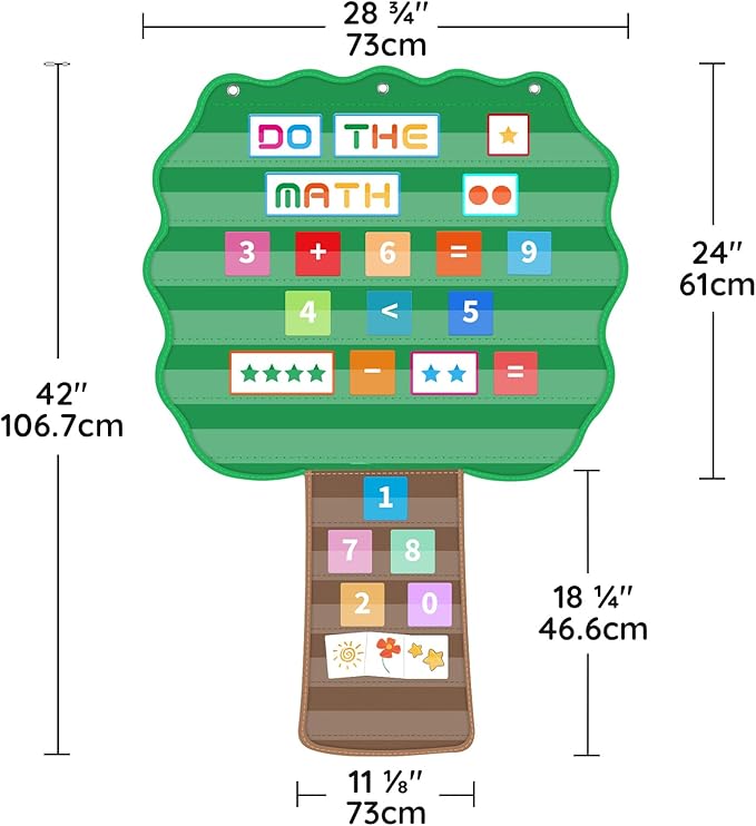 Tree Pocket Chart for Classroom, 42"x 28 ¾" Large Hanging Pocket Charts for Kids, Back to School Supplies for Teacher, Pocket Charts with 11 Sentence Strips Holder (Green)