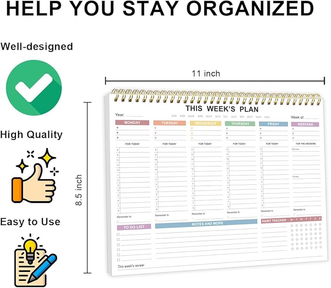 (3-Pack) Undated Weekly Planner - 8.5" x 11" Undated Daily Productive Weekly To Do List Notepad for Home, Work, School, Projects, 52 Weeks, Clean Colorful Design