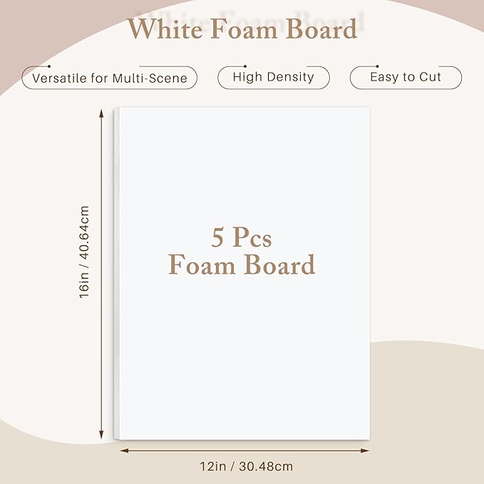 AUEAR, 5 Pack 12x16 White Foam Boards, Foam Core Poster Board for Display, Mounting, Print, Presentation and Projects, 1/8'' Thick