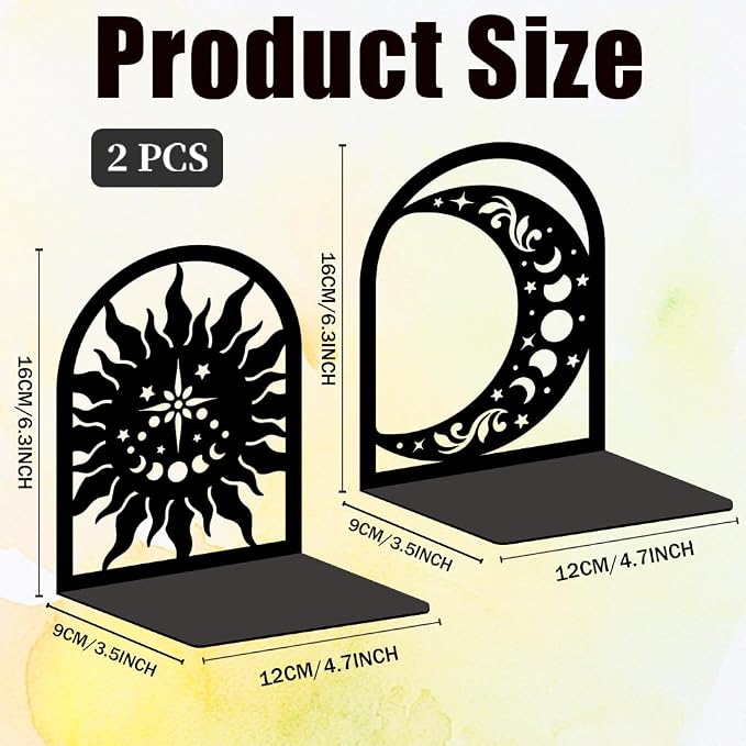 Sun Moon Metal Bookends for Shelves, High-end and Classy Book Ends for Bookshelf Decorative Books, Book Ends for Heavy Books Used for Home Office Desk Organizer and Library Decor