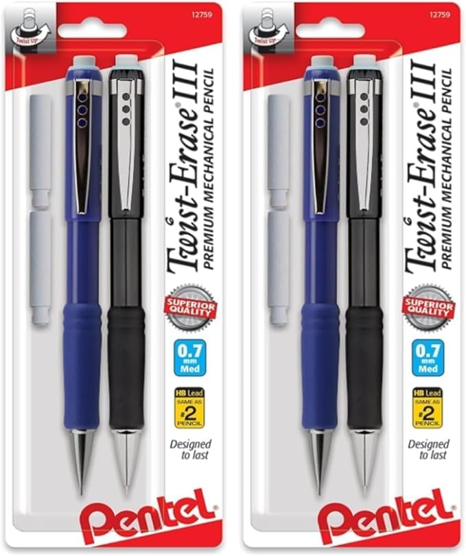 Pentel Twist-Erase III Mechanical Pencil,(0.7mm),Assorted Barrel Colors with Eraser Refills (QE517BP2),(Pack of 4)