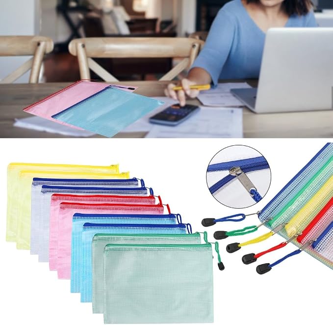 10Pcs Mesh A5 Document Pouch – Water Proof PVC File Bag for Office Supplies Storage, Zipper Envelope Organizer with Clear Window 9.2x6.9 in
