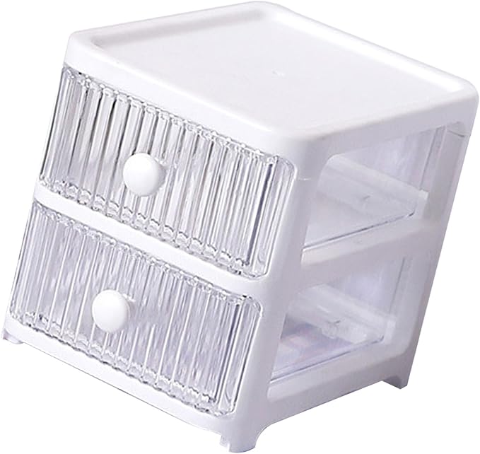 Desktop Storage Box, Transparent Plastic Stackable Desk Organizer with 4 Tier Drawers, Multi Layer Clear Drawer Organizer for Office Home Bedroom, Stationery Jewelry Cosmetics (2 Tier)