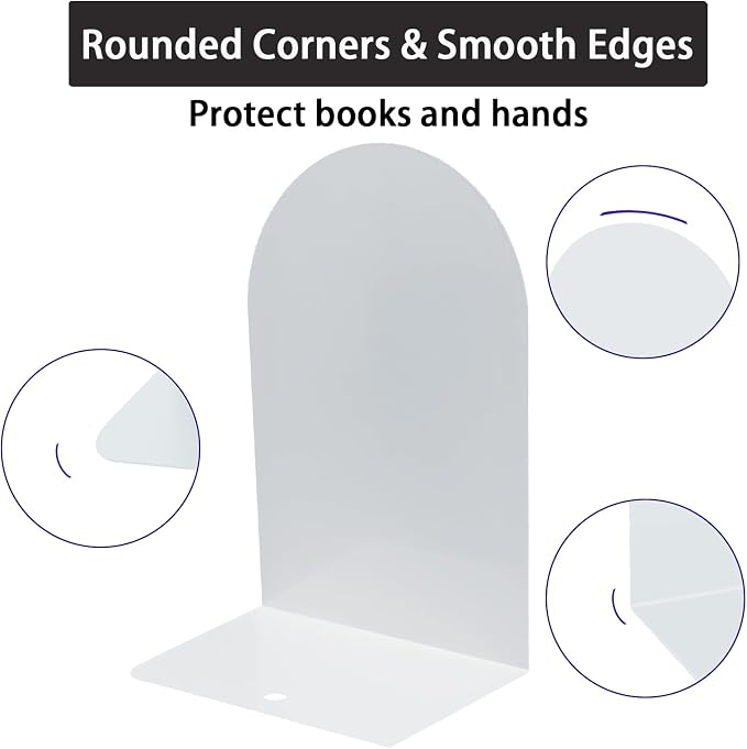MerryNine Metal Book Ends, 2 Pack White Bookends for Shelves, Book Holder for Heavy Books, Book End for Kids Books, Decoration Bookend for Home Office
