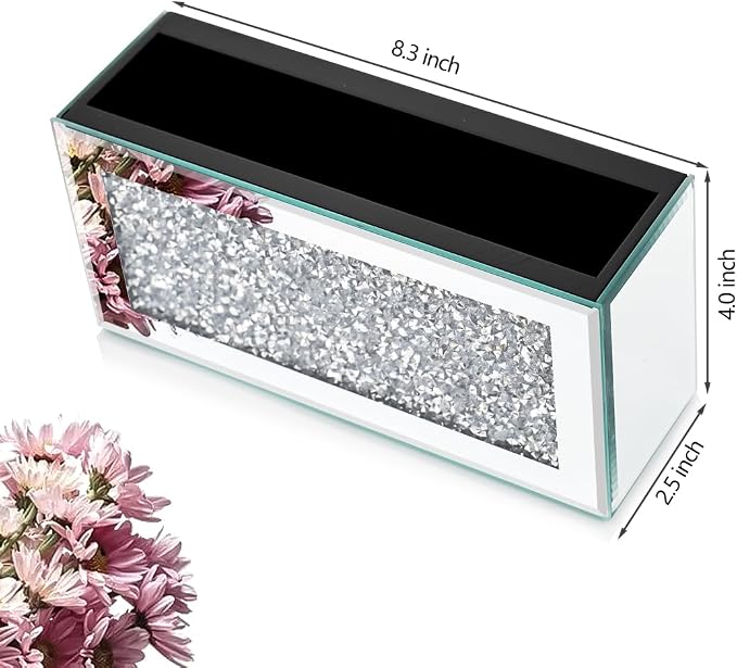 Pibeyer Mirrored Remote Control Holder Wall Mount, Silver Crush Diamond Remote Organizer Wall, Decoration Storage Box for Living Room, Bedroom, Home Decor