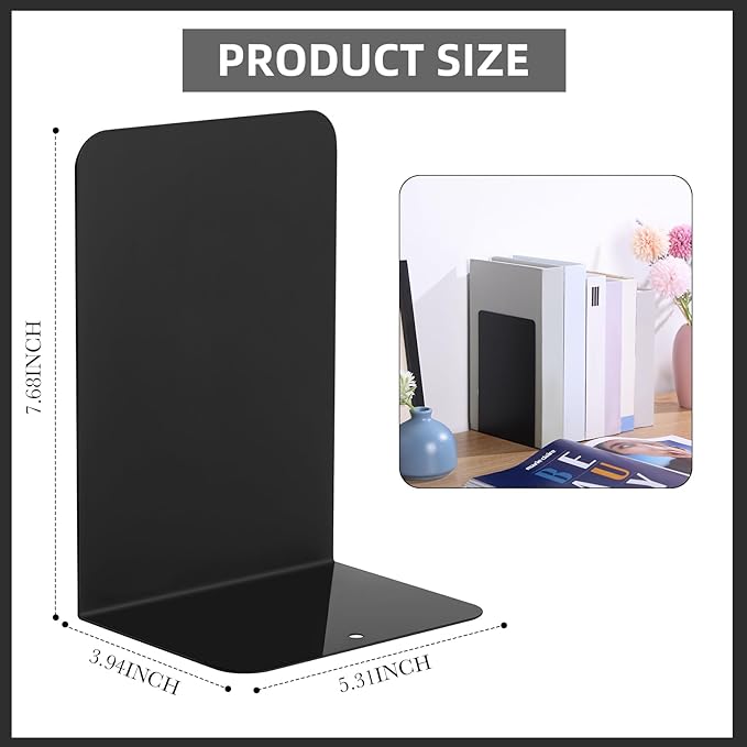 Beeveer 6 Pairs Metal Bookends Book Stopper for Shelves Office Book Holder Library Bookend for Heavy Books Desk Home Bookshelf School (Black)