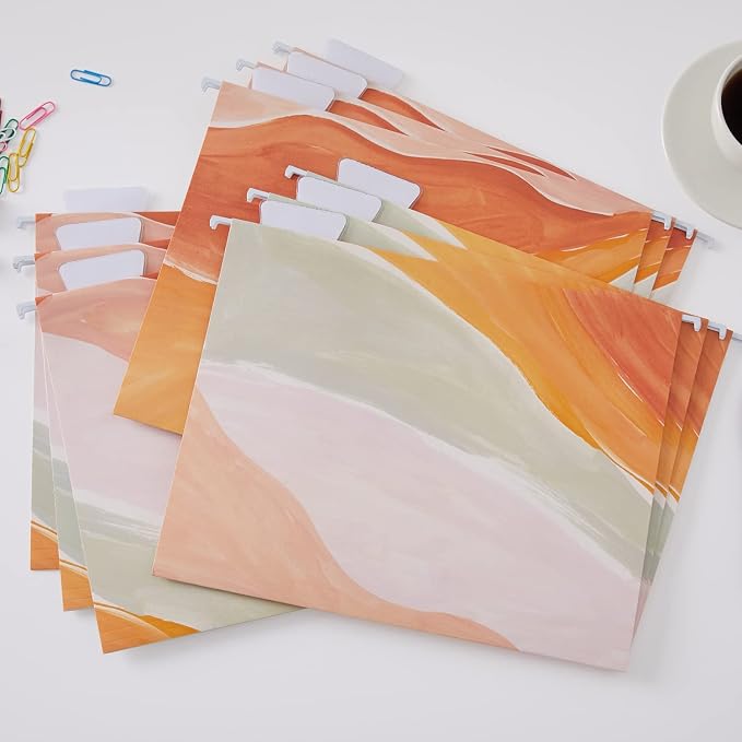 Y YOMA 9 Pack Decorative Hanging File Folders Letter Size Marble Cute Hanging Folder Pretty File Folder Organizer for Filing Cabinet Office Home with 1/5-Cut Adjustable Tabs, 3 Orange Marble Design