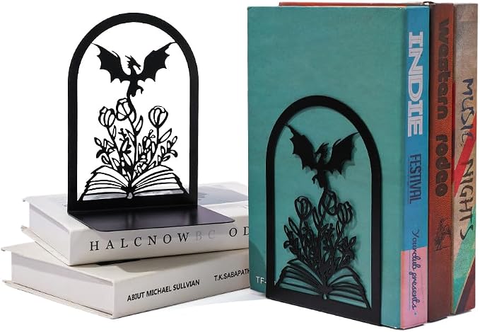 Book Ends, Bookends, Book Ends for Shelves, 1 Pair Non Skid Metal Book Divider Decorative Holder, Abstract Art Desgin Book Stopper Supports for Office, Home (Dragon A)