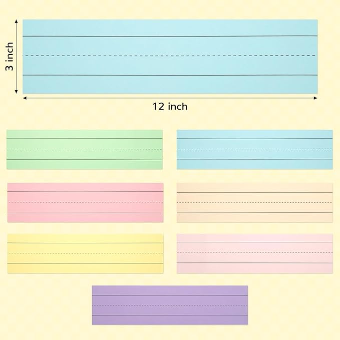 112 Sheets Pastel Sentence Strips, 92LB/250gsm Cardstock Ruled Colored Sentence Learning Strips for Teachers, Classrooms, School Offices Supplies (7 Assorted Colors, 12” x 3”)