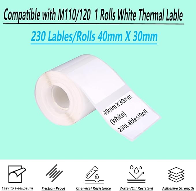 Thermal Stickers Compatible with M110/120 Label Printer 3 Rolls White 1.57'' x 1.18''(40mm x 30mm) Adhesive Labels for School Home (1, 40 * 30mm)