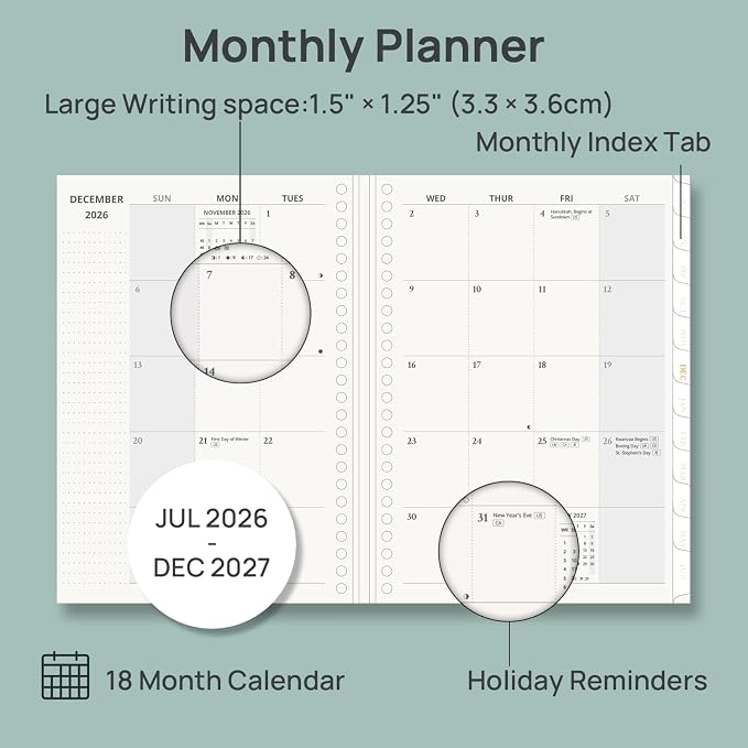 POPRUN 2026-2027 Monthly Planner, 18 Month Calendar (July 2026-Dec 2027), 6.25" x 8.5" A5 Spiral Hardcover Organizer with Dotted Note Pages, Professional Appointment Book for Business Office, Students & Teachers - Light Pink