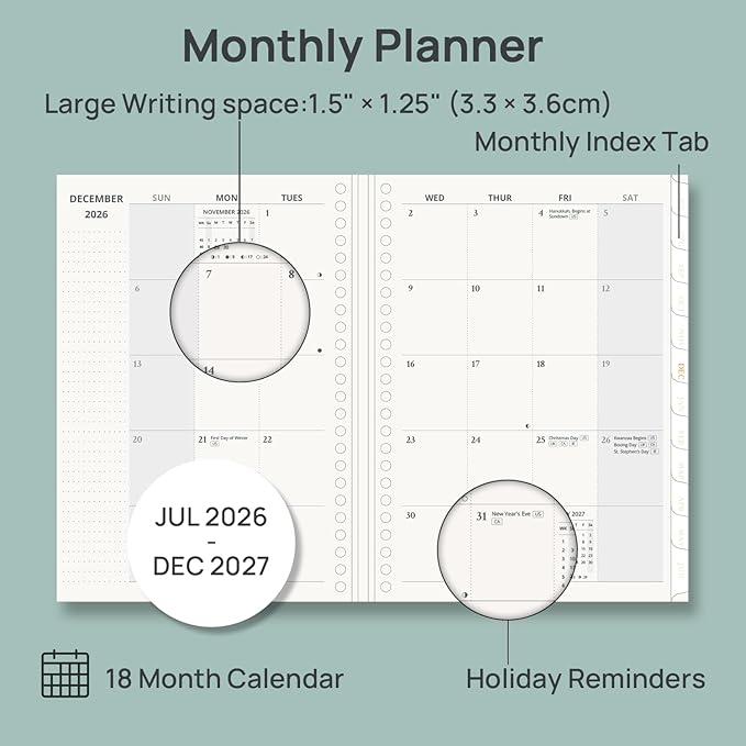 POPRUN 2026-2027 Monthly Planner, 18 Month Calendar (July 2026-Dec 2027), 6.25" x 8.5" A5 Spiral Hardcover Organizer with Dotted Note Pages, Professional Appointment Book for Business Office, Students & Teachers - Navy Blue