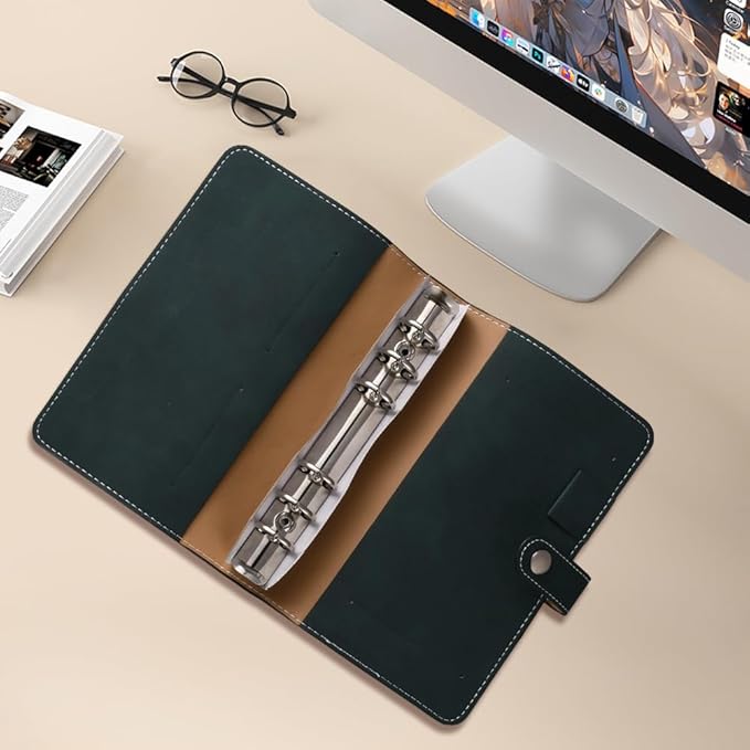A6 PU Leather Notebook Binder Refillable 6 Ring Planner Cover with Dividers Pockets Travel Journal Folder Soft Cover Loose Leaf Binder Protector for Meeting Filler Paper Cash (Dark Green)