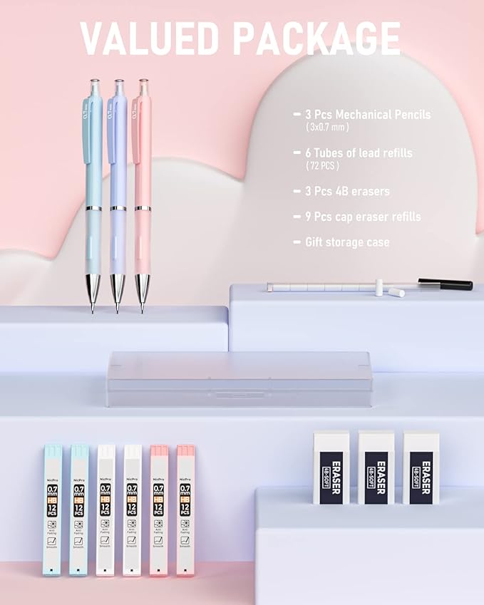 Nicpro 3PCS Cute Mechanical Pencil Set with Case, 0.7 mm Pencils with 6 Tube HB Lead Refill, 3PCS Eraser, 9PCS Eraser Refill for School Supplies Student Writing, Drafting Drawing Sketching