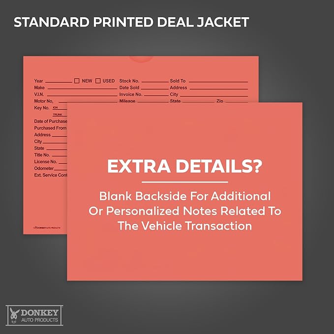 Printed Vehicle Deal Envelopes 9x12 Deal Jackets (100 shrink wrapped) (Salmon)