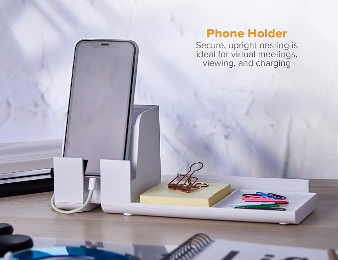 Bostitch Office Konnect Desk Organizer and Charging Station, 2 USB Ports & 2 Plugs, Charges Phones & Tablets, Accessory Tray, 4-Piece Design, White