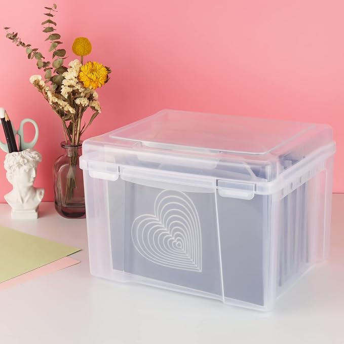 Briartw Clear Plastic Storage Box with Snap Closure lid - Stackable Organizer File Box with 6 Dividers & 10 Labels for Home Office Craft Supplies, 7.6"H x 10.6"L x 9.17"W