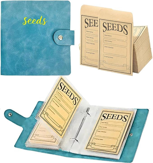 Seed Storage Organizer Binder, PU Seed Packet Organizer with 50 Clear Pockets(25 Pack Sheet Sleeves) and 50 Pack Seed Envelopes, Garden Seed Holder Book, Flower Plant Seed Keeper Blue