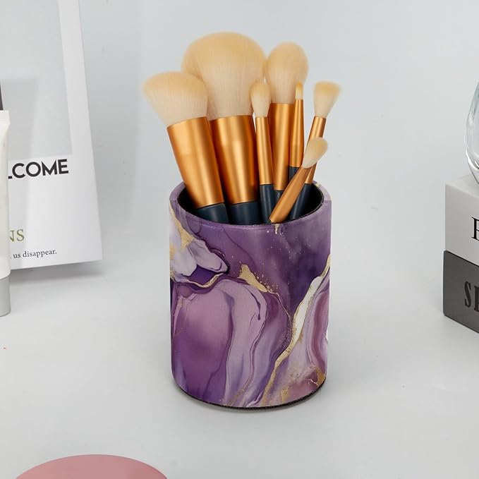 Leather Pen Holder for Desk, Purple Marble Makeup Brushes Holder Pencil Cup Multifunctional Desktop Organizer Caddy for Home School Office Desk Accessories