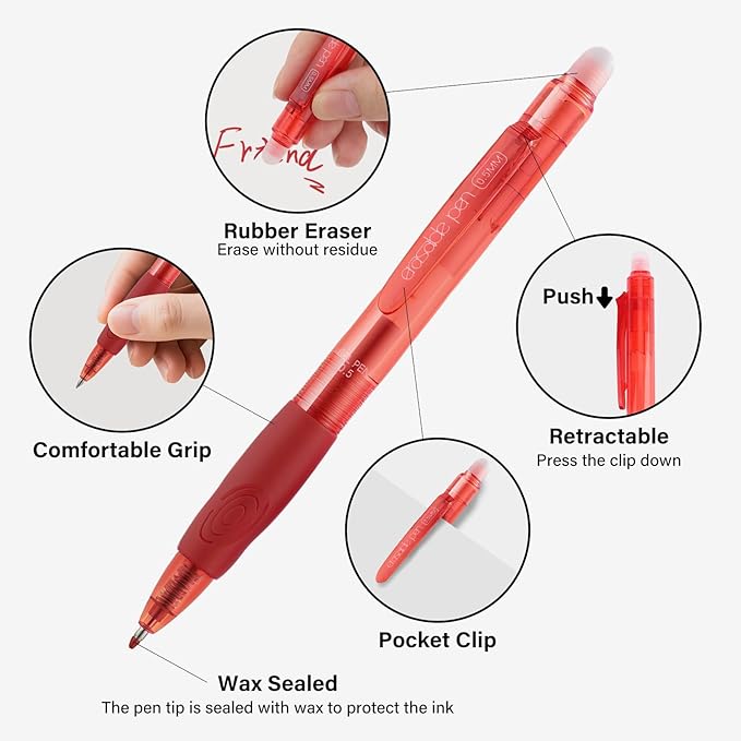 EUSOAR Erasable Gel Pens, 12-Pack Retractable School Red Erasable Pens (0.5mm), Dry Erase Pen Take Notes Smooth Writing for Crossword Puzzles Planner Scheduling Appointments Sketching
