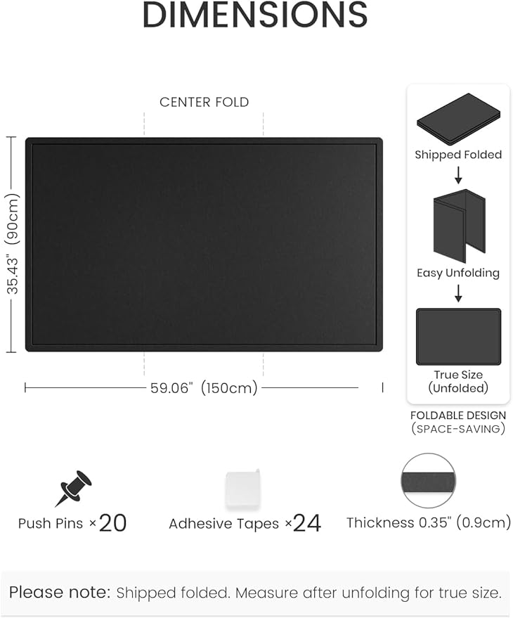 Fluxnara Bulletin Board,Cork Board Alternative with Safe Removable Adhesive Tabs, Foldable Felt Pin Board for Home Office, Classroom, Bedroom,Entryway for Walls (Black, 59 x 35.4 inches)