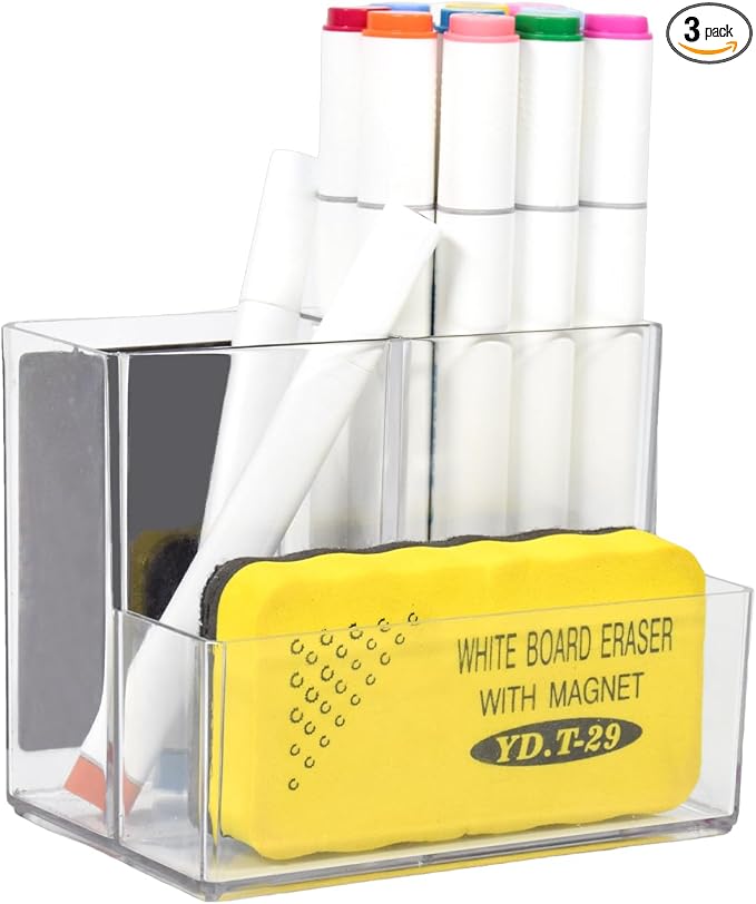 SAYEEC Acrylic Pen Holder Magnetic Dry Erase Marker Holder with 2 Magnet Sheets 3 Compartments Clear Desk Makeup Brush Organizer Pencil Cup Caddy for Fridge Whiteboard Lockers Cosmetic Office School