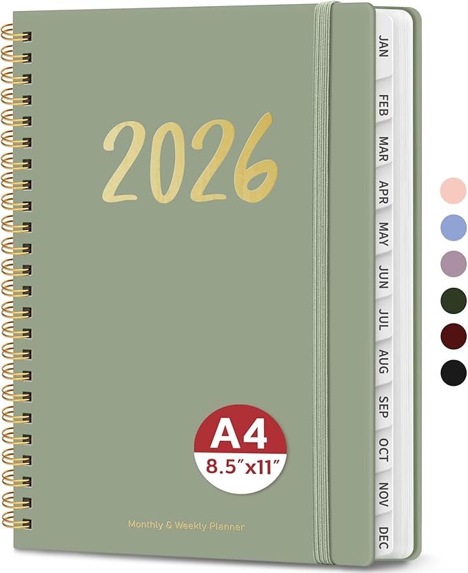2026 Planner - Weekly and Monthly Planner, January 2026 to December 2026, Spiral Bound 2026 Calendar Planner Book, Inner Pocket, Perfect for Office Home School Supplies - A4 (8.5" x 11"), Green