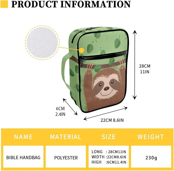 Coldinair Lovely Sloth Print Bible Cover for Women Teens Kids Boys Girls,Cute Carrying Book Case Church Bag Bible Protective with Handle and Zippered Pocket