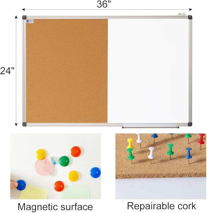 White Board and Cork Board Combo - 36 x 24 Inches Large Dry Erase Whiteboard and Bulletin Board, Magnetic Wall Pin Display Board for Home, Classroom & Office, 24"x36" Cork