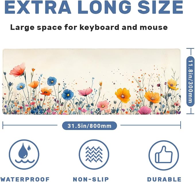 Botanical Wildflower Gaming Mouse Pad Large Desk Mat Rainbow Petals Color Floral Mousepad Computer Keyboard Pad Mouse Mat Laptop Mat 31.5 x 11.8 Mouse Pads for Desk Home Office Gaming