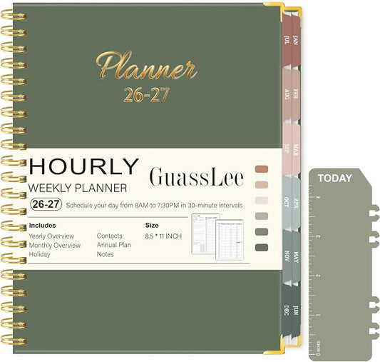 Large 2026-2027 Academic Planner, Weekly & Monthly Appointment Book from Jul. 2026 - Jun. 2027, Work & Life Daily Hourly Planner with Time Slots, A4 Agenda Organizer for School,Olive Green, 8.5" x 11"