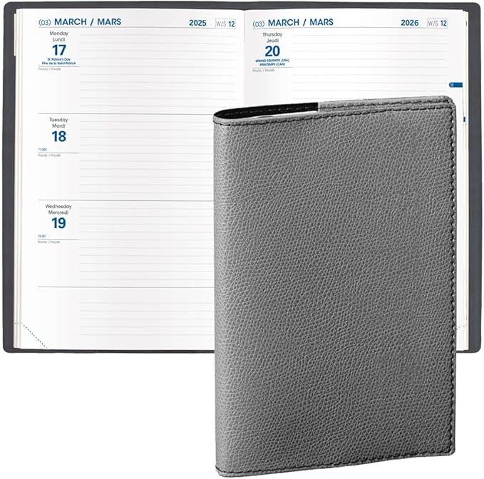 Quo Vadis 2026 Hebdo - Bi-Lingual (EN/FR) - Weekly/Monthly Planner - 12 Months, Jan. to Dec. - 6 1/4 x 9 3/8" - Grained Faux Leather Club Grey Covers - Productivity Time Management Organizer