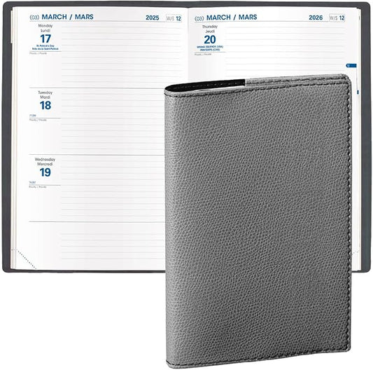 Quo Vadis 2026 Hebdo - Bi-Lingual (EN/FR) - Weekly/Monthly Planner - 12 Months, Jan. to Dec. - 6 1/4 x 9 3/8" - Grained Faux Leather Club Grey Covers - Productivity Time Management Organizer