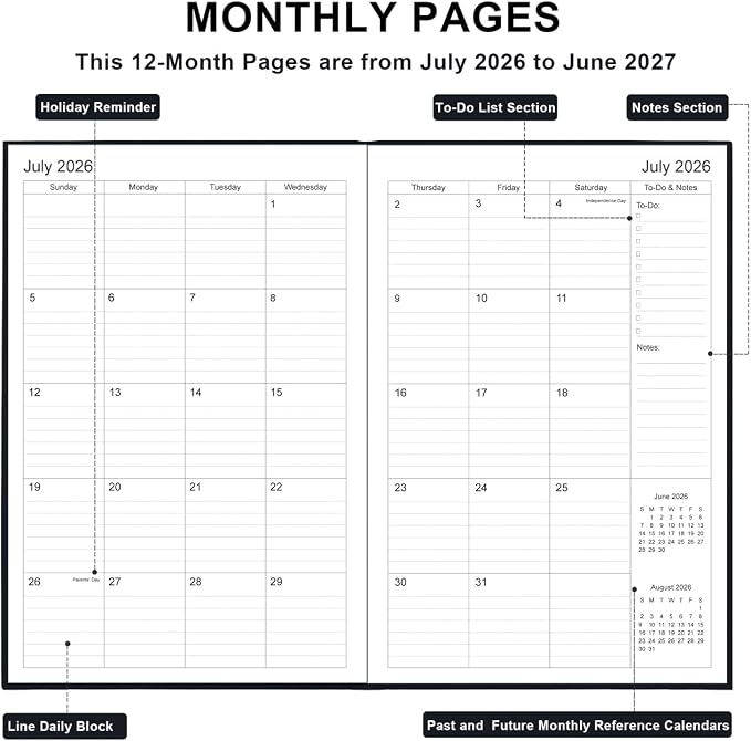 2026-2027 Planner - Weekly & Monthly Planner from July 2026 to June 2027, 5.8'' × 8.3'' Agenda 2026-27 with Inner Pocket, Elastic Band, Hard Cover, Perfect Daily Organizer, Black