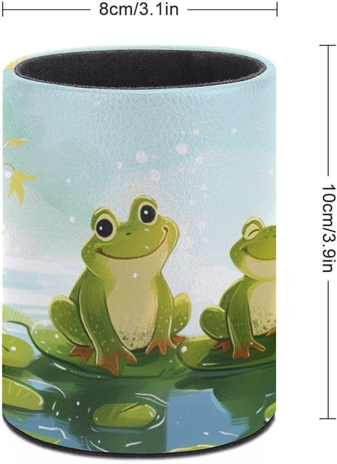 Four Happy Frogs on Lily Pads Pencil Holder Round Pen Cup Sunny Day Time PU Leather Marker Holder Makeup Brush Holders Desk Accessories Workspace Organizers for Home School Office