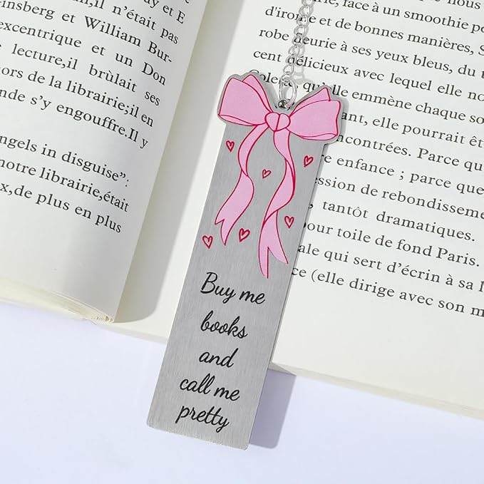 ZhuoXing Pink Bowknot Stainless Steel Bookmark - Cute Bowknot Patterns & Heart Pendants, Ideal for Female Readers, Set of 5