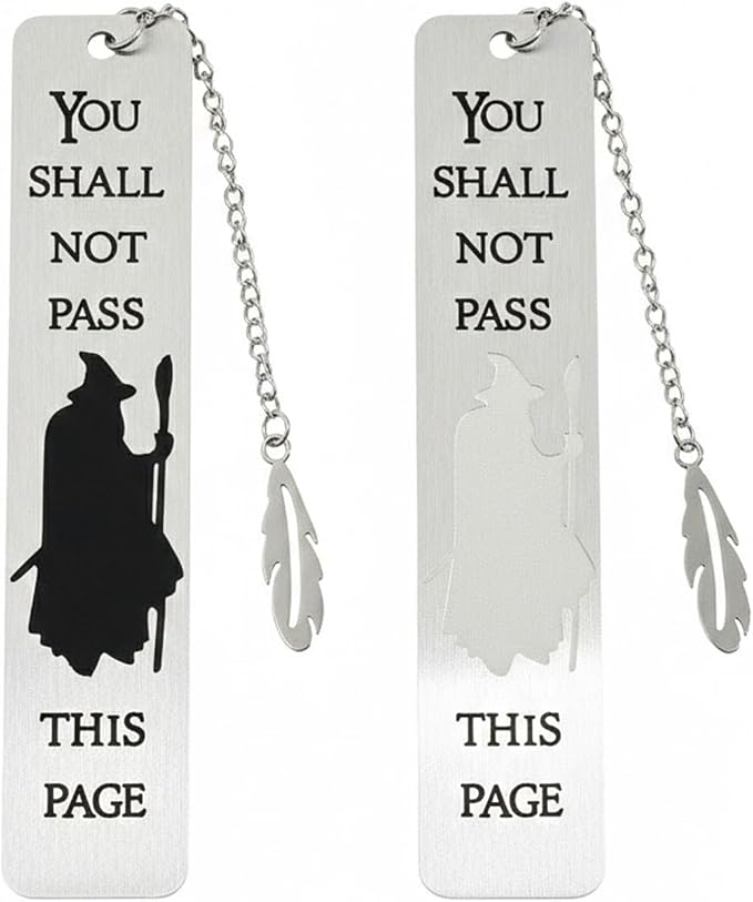 3Pcs Fantasy LOTR Metal Bookmarks Set, Elvish Leaf Pendant with Sword Charm, Evenstar Engraving, Epic Quotes Carved, Dark Academia Book Accessories, Gifts for Readers (B&W Gandalf)