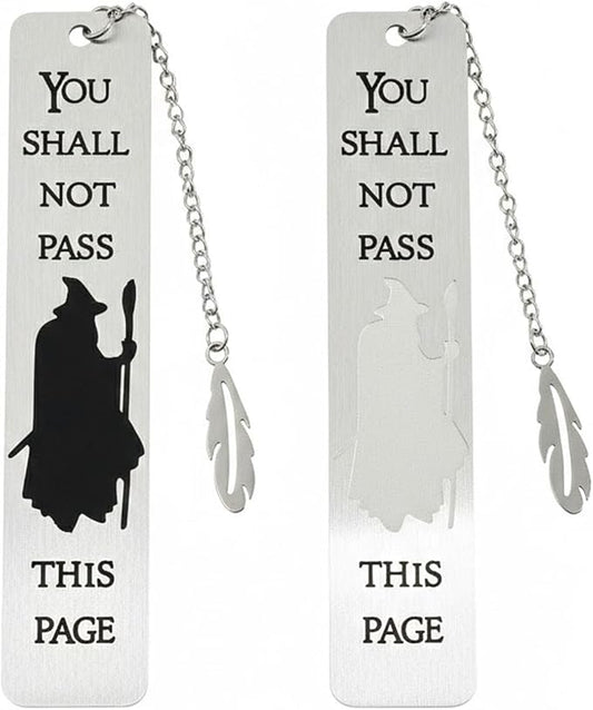 3Pcs Fantasy LOTR Metal Bookmarks Set, Elvish Leaf Pendant with Sword Charm, Evenstar Engraving, Epic Quotes Carved, Dark Academia Book Accessories, Gifts for Readers (B&W Gandalf)