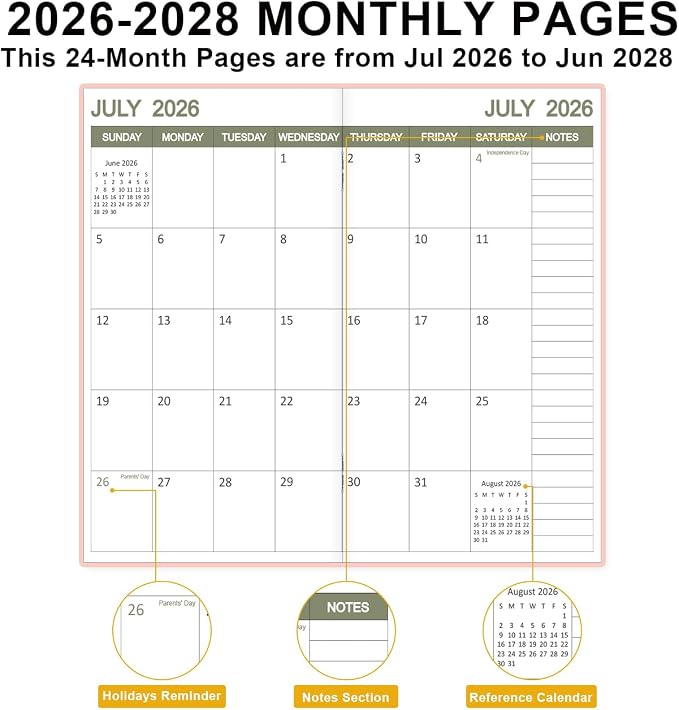 2026-2028 Pocket Calendar for Purse – Mini Monthly Planner from July 2026 to June 2028, 2 Year Monthly Calendar for Organizing & Planning, 3.5" x 6.5", Pink