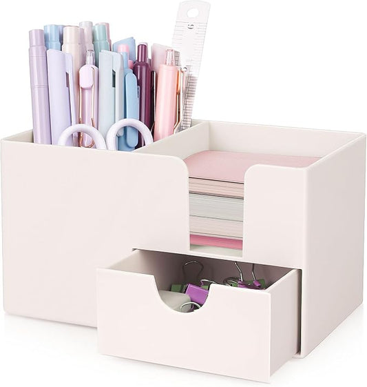 SKYDUE Small Desk Organizer with Drawer | 3 Compartments, Desk Pen Holder, For Home, School, Classroom & Office