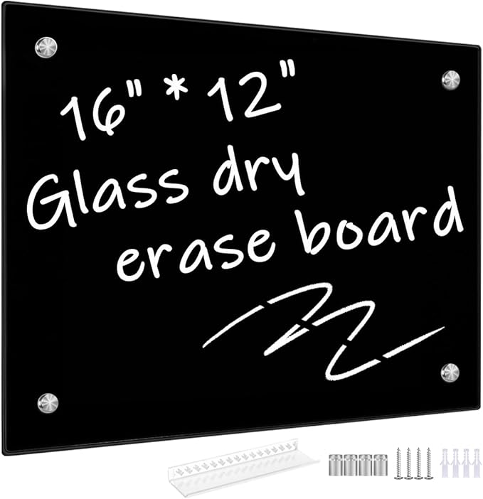 Okydoky Black Glass Dry Erase Whiteboard, 12" x 16" Frameless White Board for Home,School,Office,Black Surface(Glass BB-BK-3040)