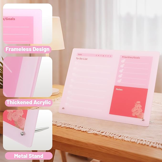 LeMotech Desktop Acrylic Dry Erase Board, 15.7x11.8 inches to-Do List Planner, Tabletop Whiteboard with Stand Office Supplies Includes 2 Markers & 1 Eraser, Pink Rose Pattern, 1 Pack